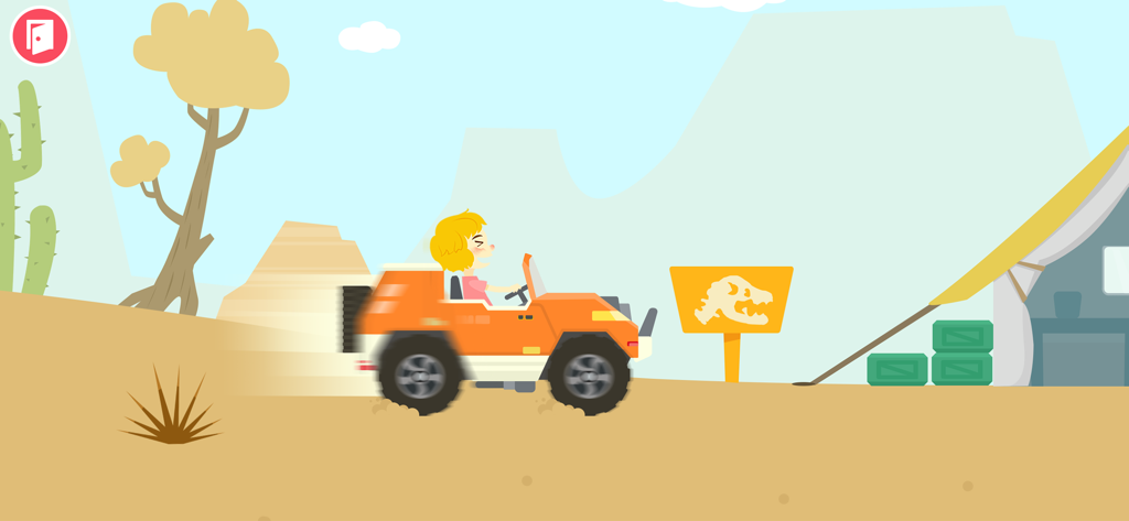 Eine Cartoon-Figur fährt mit einem orangefarbenen Fahrzeug durch eine Wüstenlandschaft mit einem Dinosaurierfossil-Schild und einem Zelt.
