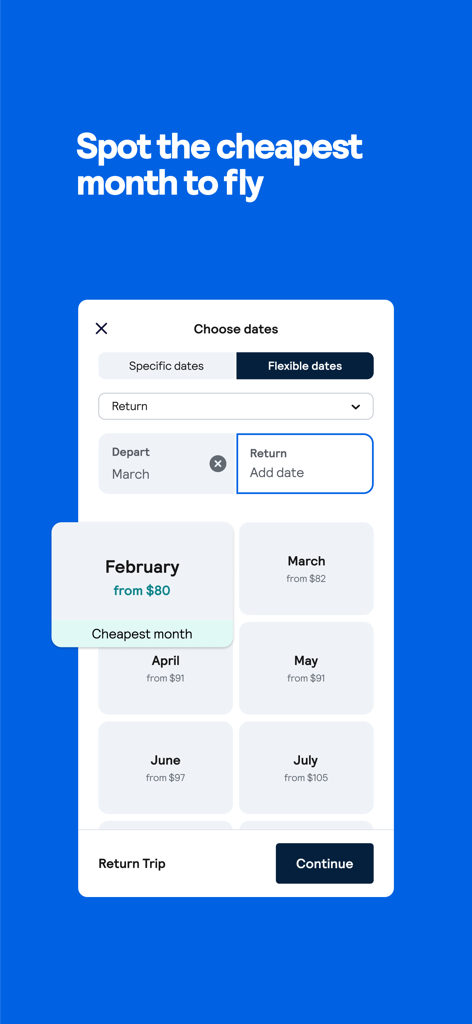 Skyscanner app interface showing a list of months with flight prices to find the cheapest time to fly