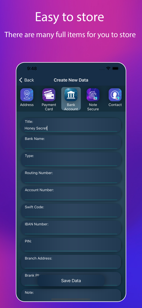 Formulário para armazenar com segurança detalhes da conta bancária no cofre do App Lock