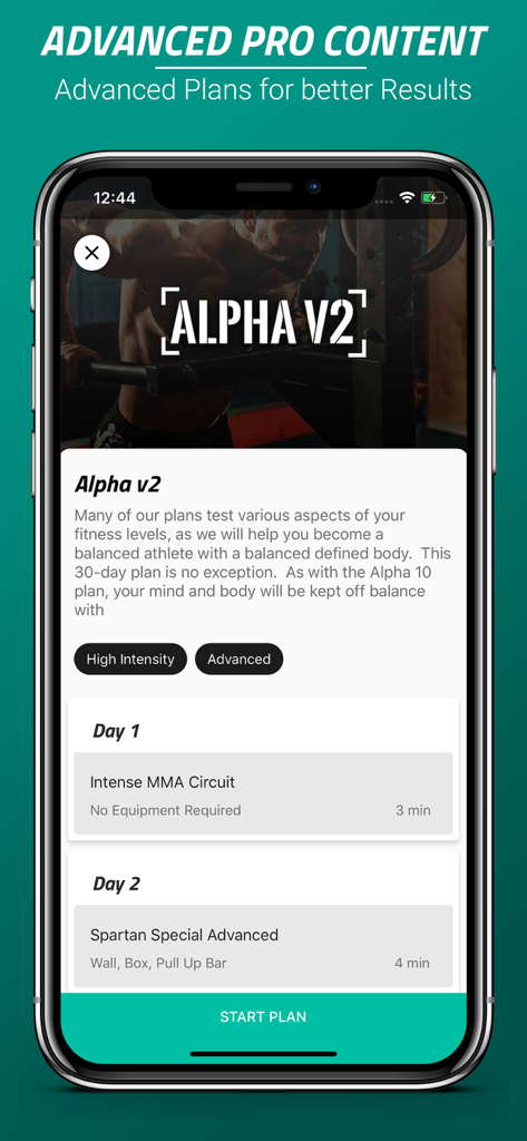 Spartan Home Workouts - Pro - Captura de pantalla de iPhone de la aplicación Spartan Home Workouts Pro que muestra el plan de entrenamiento avanzado Alpha v2