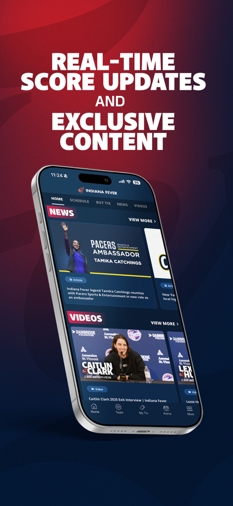 Indiana Fever - Indiana Fever mobile app screen displaying latest news and video content featuring Caitlin Clark