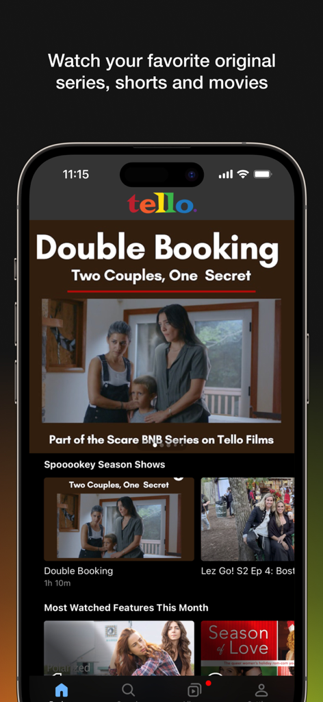 Tello Films - A smartphone screen displaying the Tello Films app with original LGBTQ+ movies and series