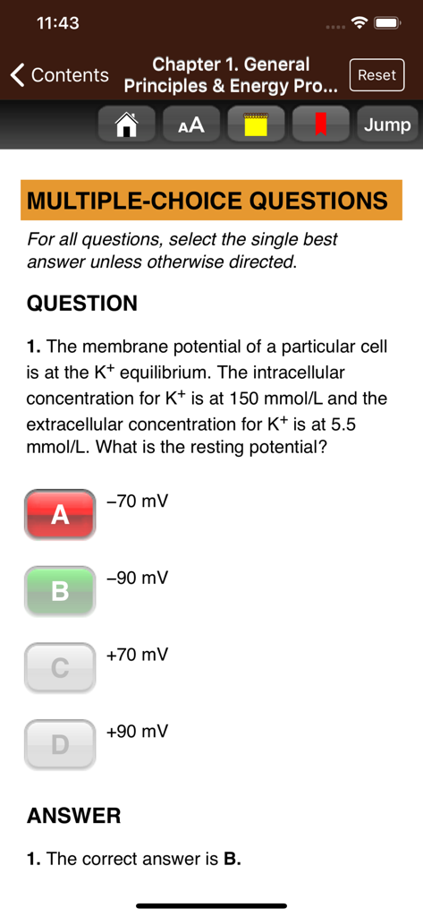 Ganong's Review Physiology 26E - A multiple choice physiology question on membrane potential with the correct answer highlighted in the app