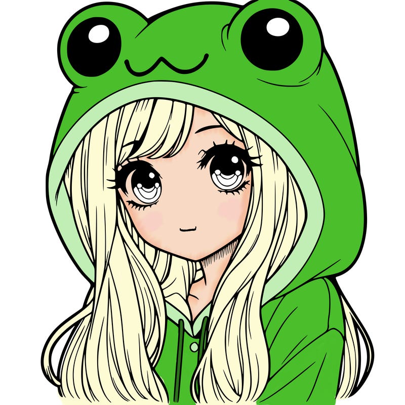 a pretty girl wearing a frog hoodie portrait with long hair