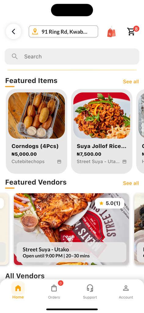 La pantalla de inicio de la aplicación EasyWay que muestra artículos de comida destacados y recomendaciones de proveedores