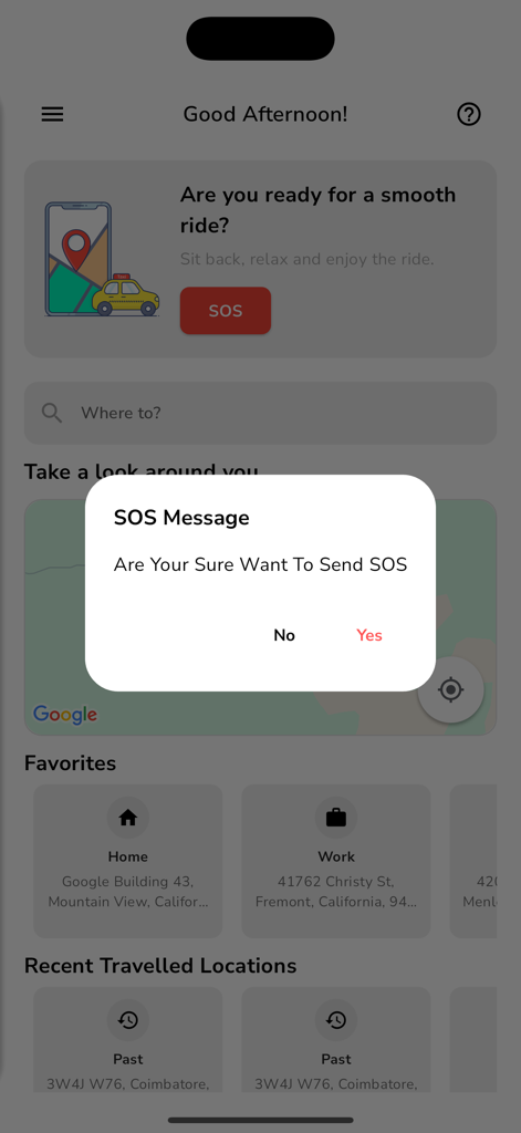 Suka - Suka rideshare app interface showing an SOS safety alert confirmation message