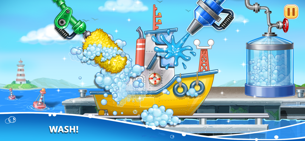 A yellow toy boat being washed with soap and water in a kids game