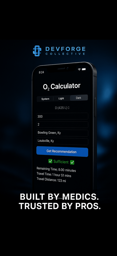O2 Calculator Companion - O2 Calculator Companion app interface showing oxygen tank duration and travel time for medical transport