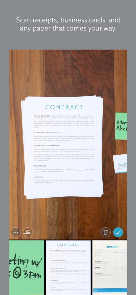 Evernote Scannable mobile app interface capturing a contract document on a wooden surface