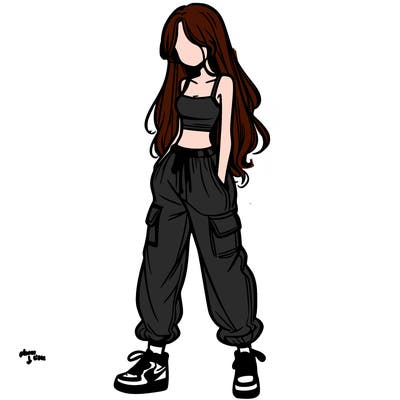 girl in baggy pants crop top and long hair