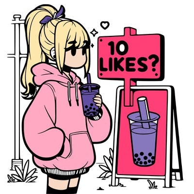 girl with oversized hoodie drinking boba and she has a high ponytail with a sign that says 10likes?