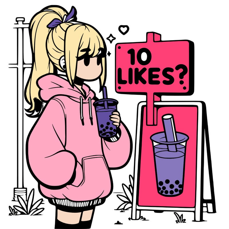 girl with oversized hoodie drinking boba and she has a high ponytail with a sign that says 10likes?