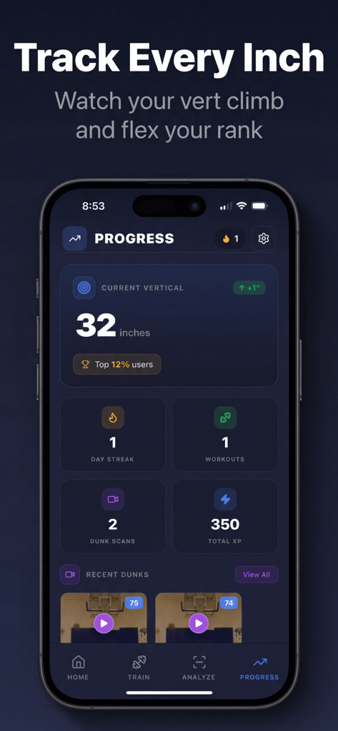 DunkMax: Vertical Jump Trainer - Tela de progresso do aplicativo DunkMax mostrando uma altura de salto vertical de 81 cm e classificação nos 12% melhores usuários