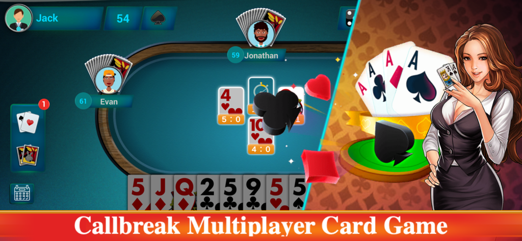 Callbreak Multiplayer Crd Game - Gameplay screen of Callbreak Multiplayer Card Game showing a card match with several players at a virtual table