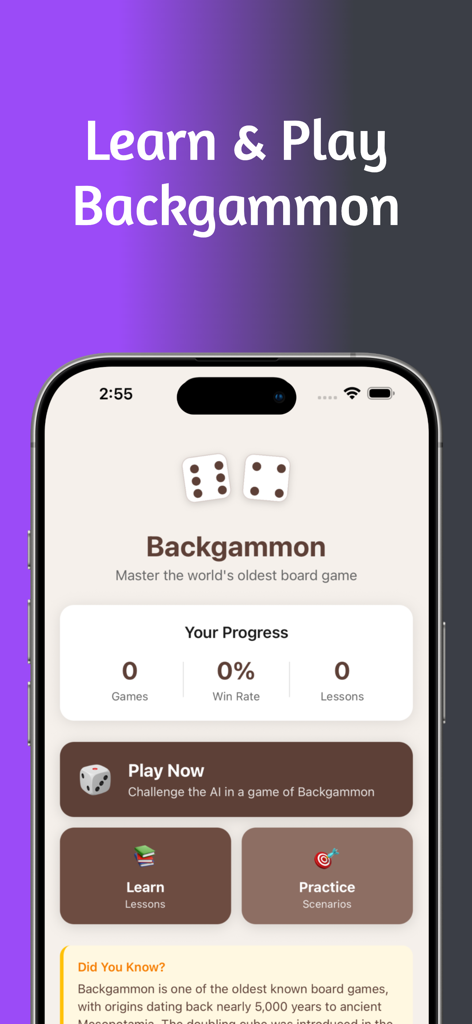 Backgammon - Play & Learn - Dashboard der Backgammon Play and Learn App mit Benutzerfortschritt und Navigationstasten für Lektionen und Übungen.