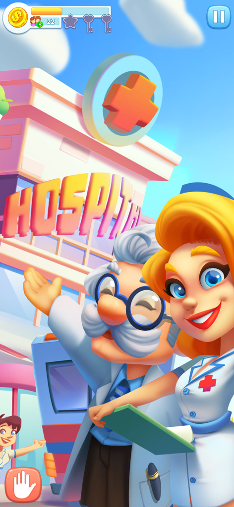 カラフルな病院の建物の前に立つ漫画の医師と看護師