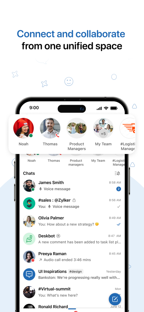 Zoho Cliq - Team Communication - 팀 채팅 목록과 그룹 협업 채널을 보여주는 Zoho Cliq 모바일 앱 인터페이스