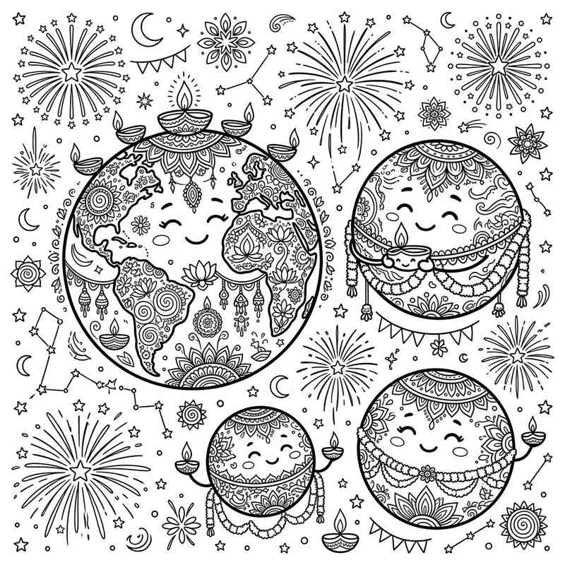 Embark on a cosmic celebration with this unique Diwali coloring page, where terrestrial planets come alive with festive cheer. Adorned with traditional patterns, glowing diyas, and spectacular fireworks, this design promises a joyful coloring experience.