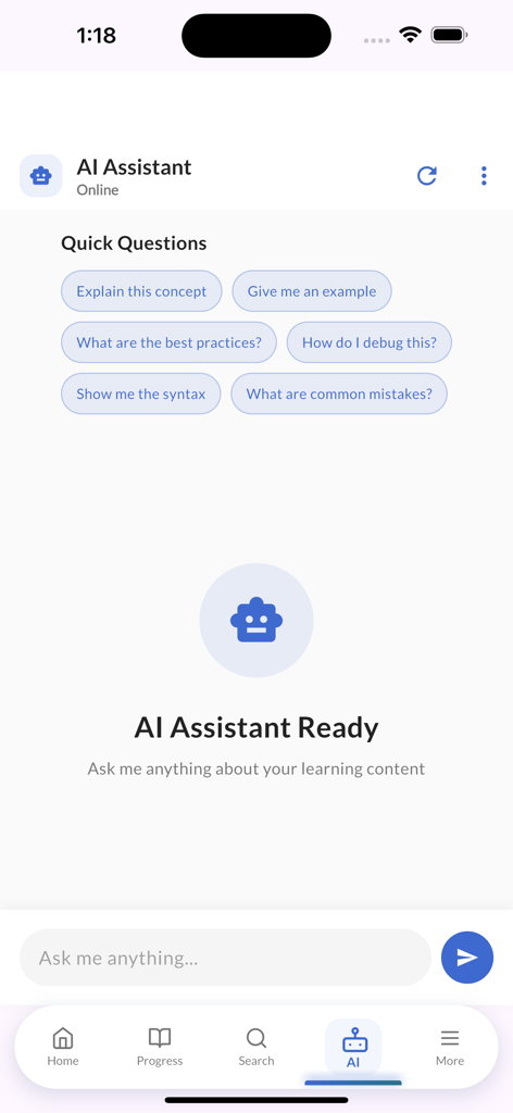 Interface of the AI coding assistant in the Learn C++ Programming app showing quick questions and a chat input