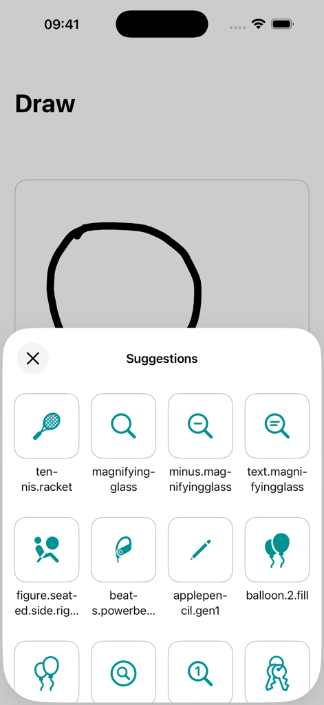 SF Search - SF Searchアプリのインターフェースで、手描きの円と虫眼鏡や風船などのさまざまなSFシンボルの候補が表示されています。