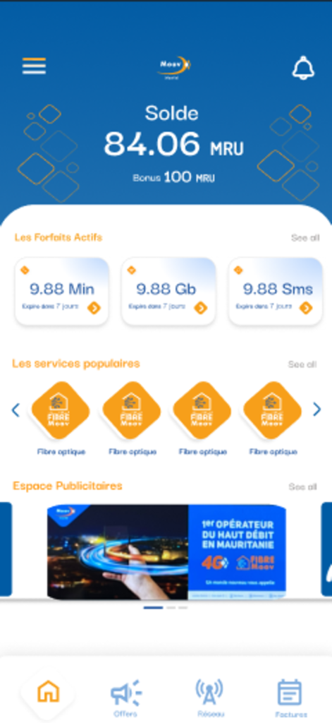 MyMoovMauritel - Home dashboard of the MyMoovMauritel app showing account balance and active plan details