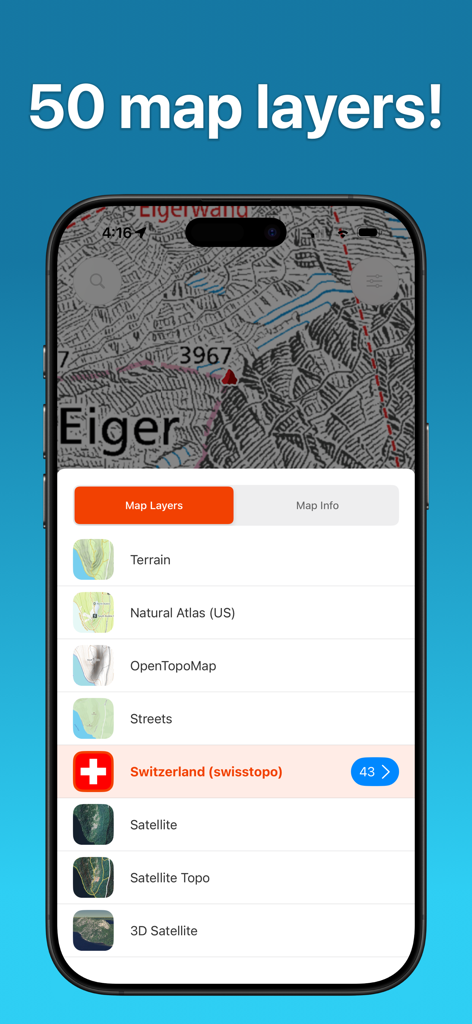 Peakery - Smartphone screen showing Peakery app map layers menu with options for topographic satellite and 3D maps for mountain climbing