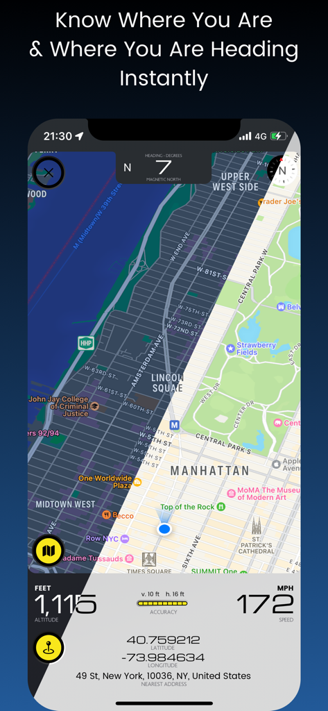 iTools app interface showing a map of Manhattan with real-time altitude speed and GPS coordinates.