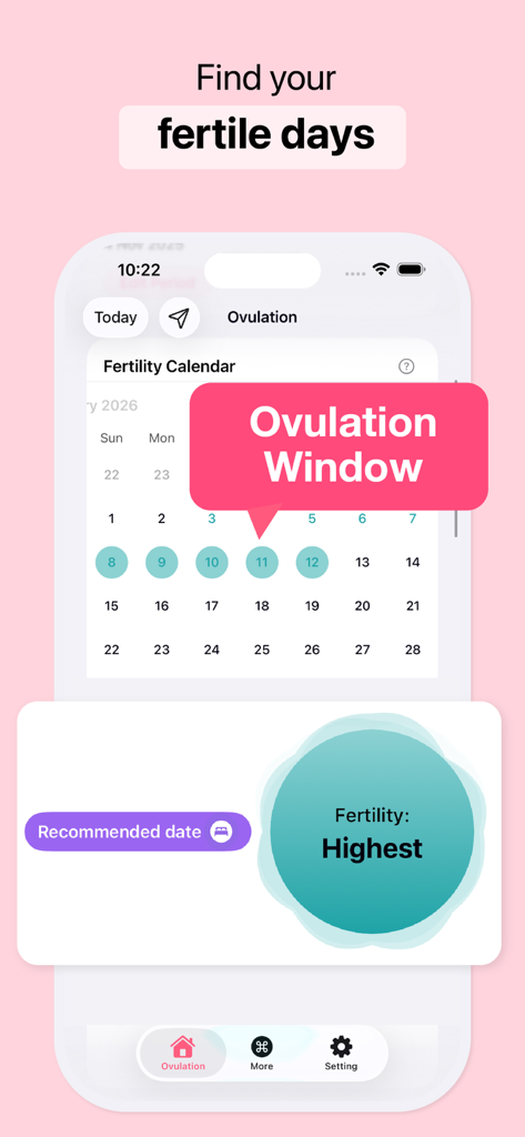 Interface d'une application de fertilité montrant un calendrier avec la fenêtre d'ovulation et les jours de fertilité les plus élevés en surbrillance.