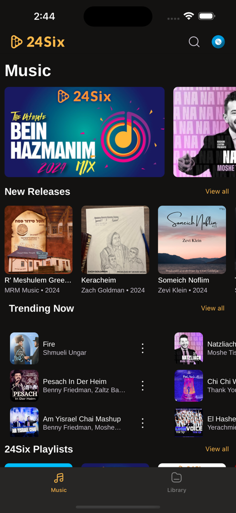The 24Six Music app interface showing Jewish music categories including trending now and new releases