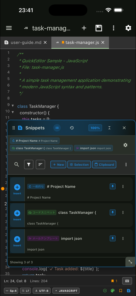 QuickEditor mobile app showing a code snippets overlay on top of a Javascript code editor