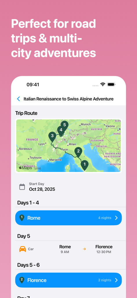 TravelBuddy AI App-Oberfläche, die eine Mehrtages-Roadtrip-Route mit einer Karte und Reisezeiten anzeigt.