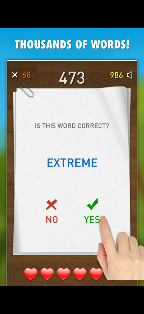 A user selects the correct spelling for the word extreme on a paper-style interface in the Spelling Test app.