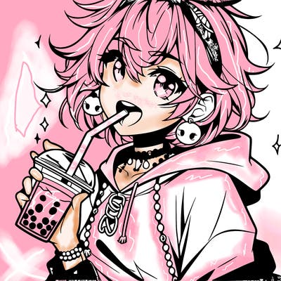 hot baddie anime girl drinking boba and biting the straw