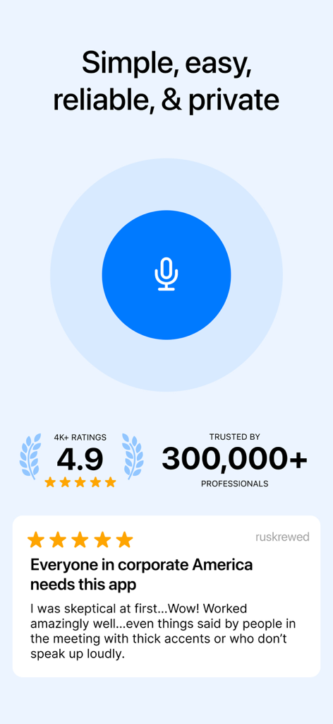 Minutes: AI Meeting Note Taker - Minutes AI app screen displaying a 4.9 star rating and a professional user testimonial