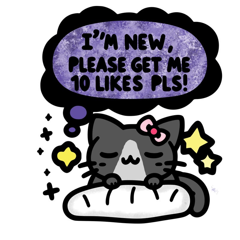 kitty taking a nap dream talking and saying "i'm new, please get me at least 10 likes pls!!"