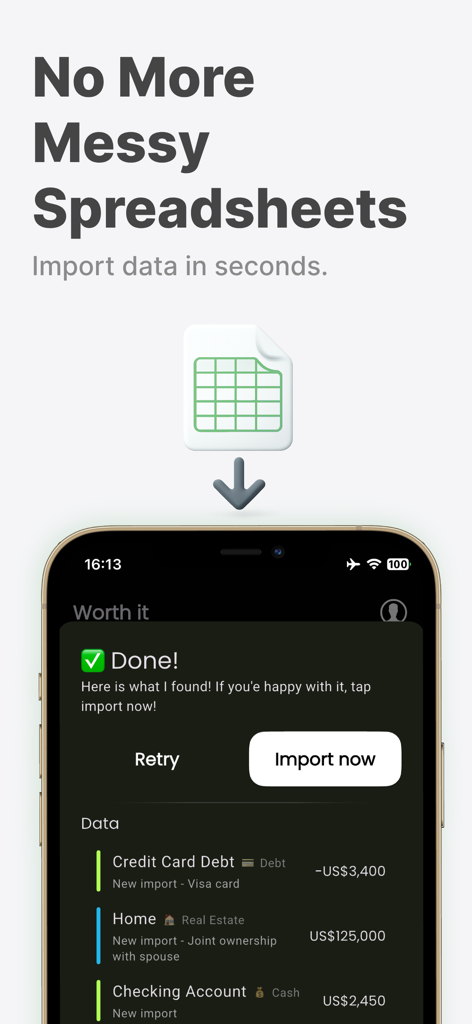 A mobile app screen showing how to import financial data from a spreadsheet to track net worth.