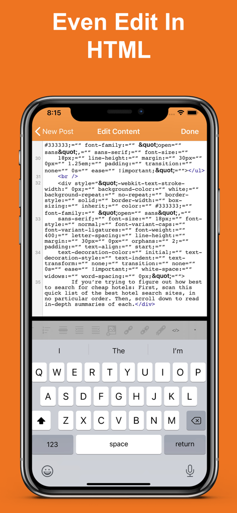 Blog for Blogger - Captura de pantalla de la aplicación Blog for Blogger que muestra el editor de código HTML integrado en un iPhone