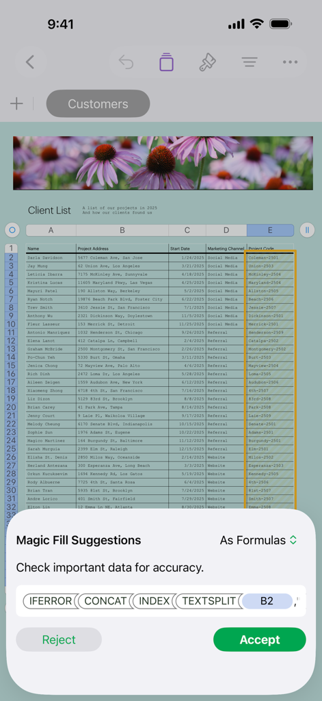 Numbers: Make Spreadsheets - Apple Numbers app interface showing AI powered Magic Fill Suggestions for a spreadsheet formula on iPhone.