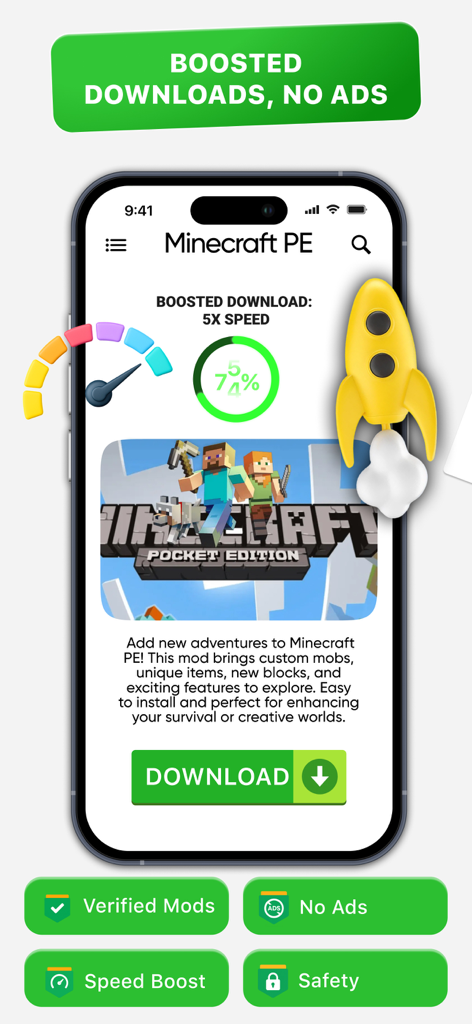 Happi Mod : Top Working Mods - Happi Mod interface displaying a Minecraft PE mod download with a five times speed boost indicator and a rocket icon
