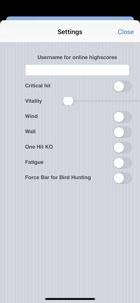 Settings screen of the Bowman app showing gameplay options like wind, vitality, and one hit KO.