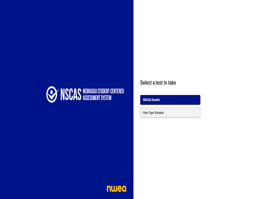 NWEA State Solutions - NSCAS test selection screen in the NWEA State Solutions app for Nebraska students