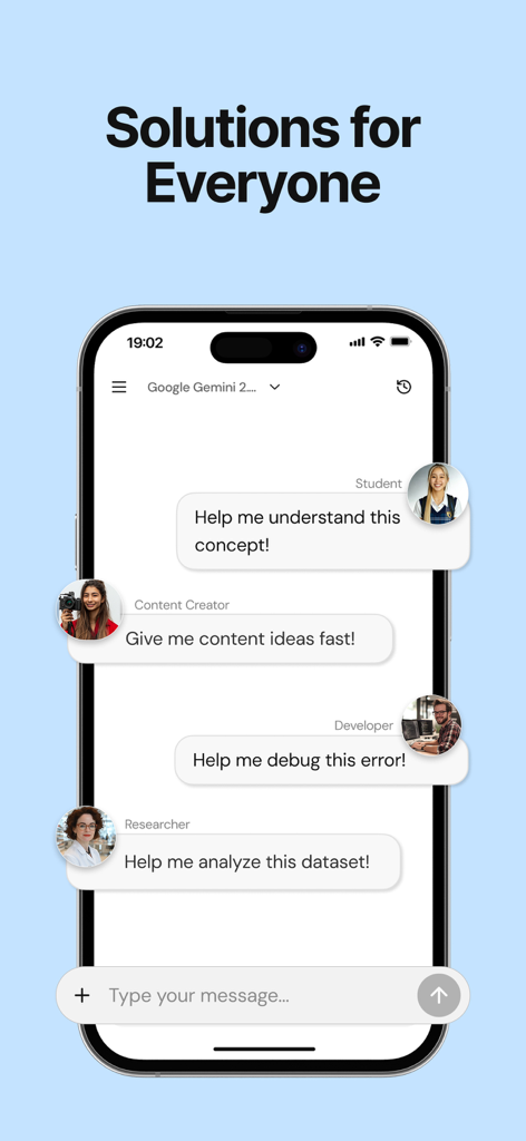 Écran de l'application Chatly AI montrant divers cas d'utilisation pour les étudiants, les créateurs, les développeurs et les chercheurs