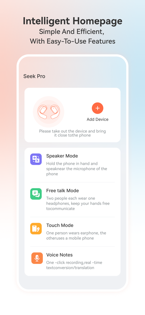 TransKit - TransKit app interface displaying the intelligent homepage with various translation modes including Speaker Free talk and Touch mode