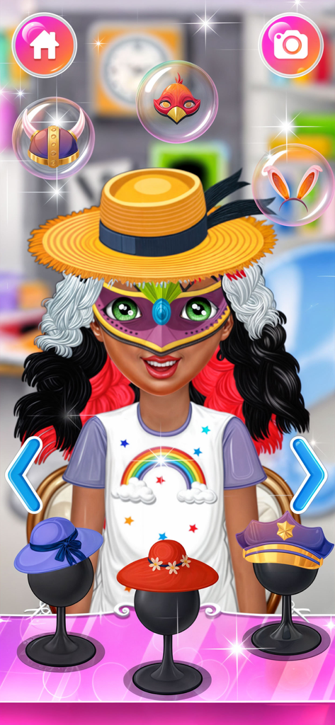 A character in a hair salon game wearing a purple mask and straw hat with various accessory options shown below.