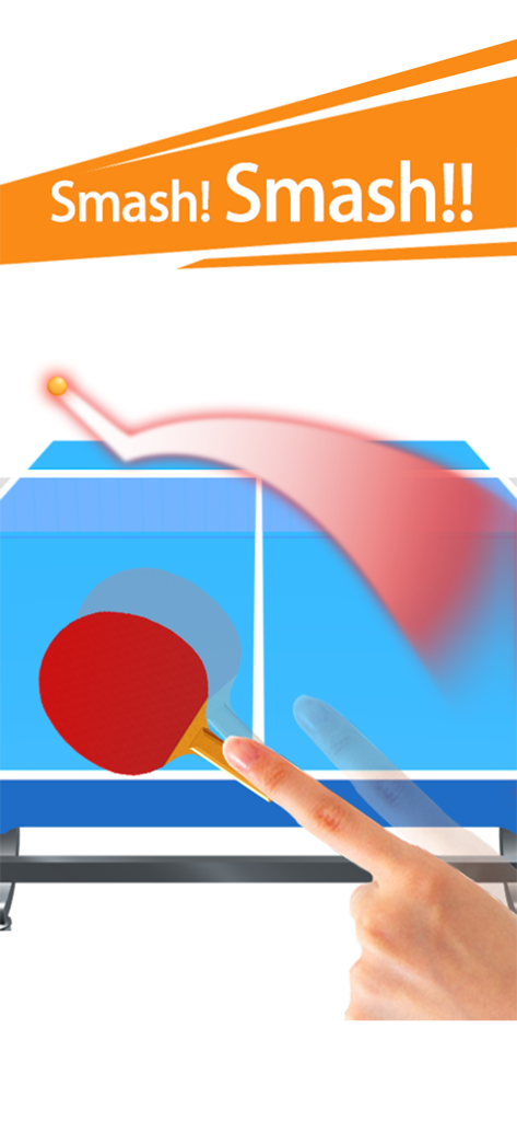 Gameplay screenshot of Table Tennis 3D showing a smash shot performed with a finger swipe