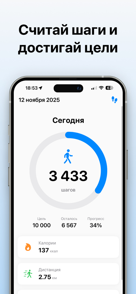 만보계 앱 인터페이스, 일일 걸음 수, 칼로리, 거리 표시
