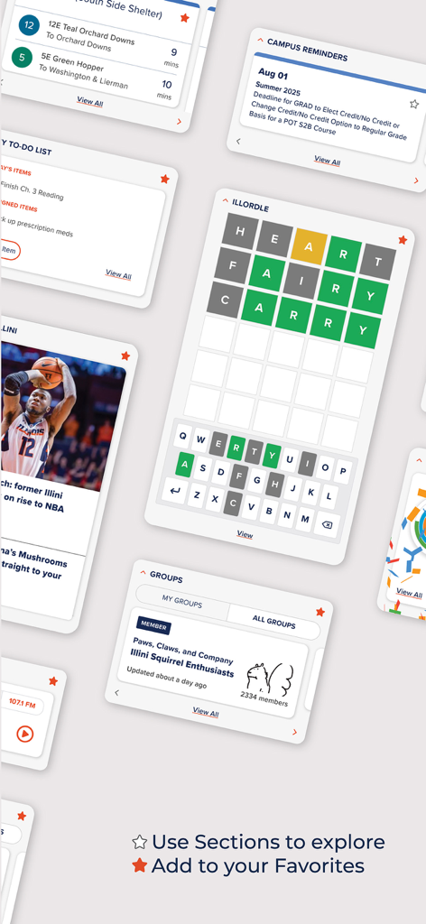 Illinois - Collage showing various features of the Illinois app like bus schedules, reminders, and student groups