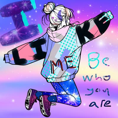 realistic girl jumping with a bun and oversized sweatshirt