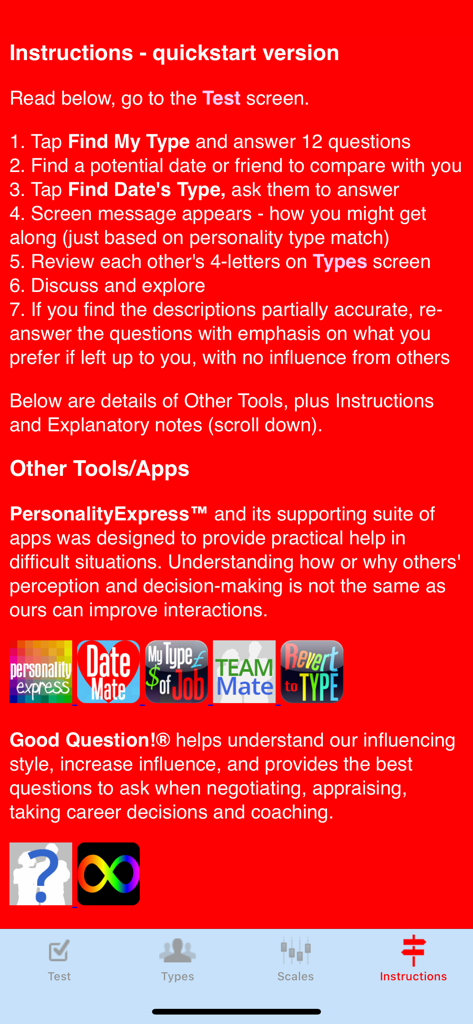 Quickstart instructions guide for Date Mate Dating app showing steps to find personality matches.