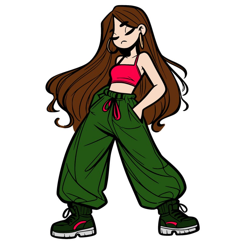girl in baggy pants crop top and long hair